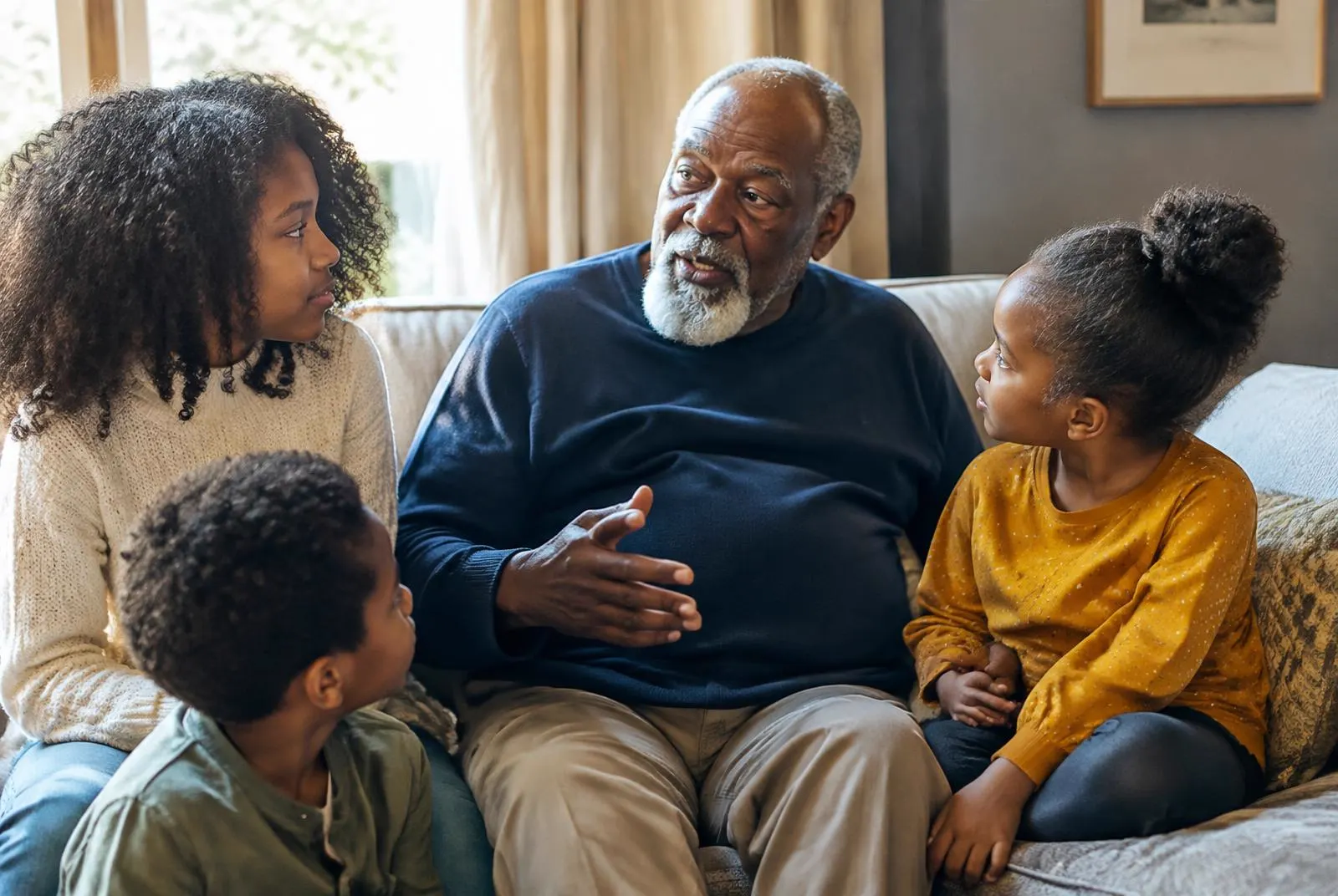 A grandfather telling family stories to his grandchildren on the sofa