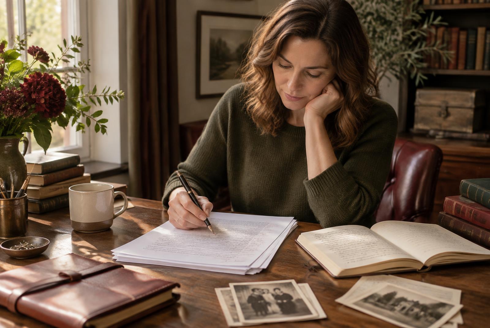 A biography writer reviewing a manuscript
